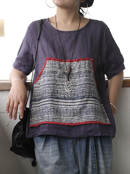 Retro Linen Pocket Split-side T-shirt