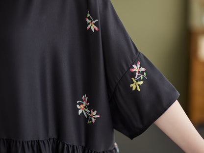 Stylish Crane Print Split-Joint Pleated Half Sleeves Maxi Dress