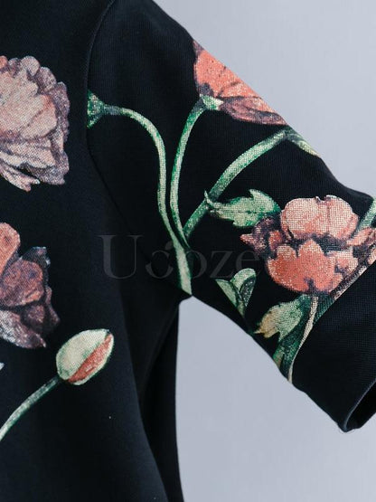 Casual Floral Printed High-neck Sweatshirt