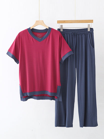 Comfortable Short Sleeve V-Neck T-Shirt&Pants Pajama Set
