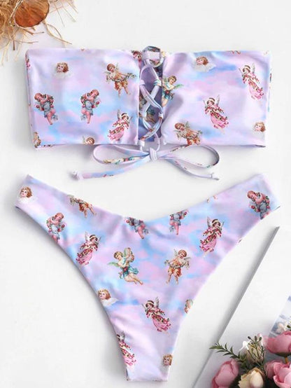 Angle Print Bandeau High Cut Bikini Swimsuit