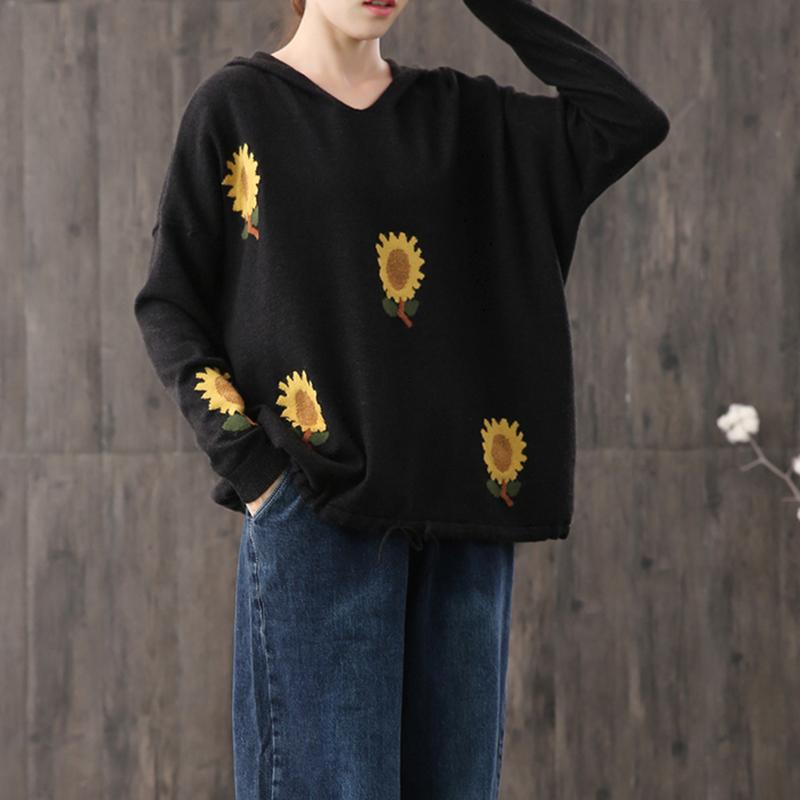 Buykud Casual Sunflower Adjustable Waist Hooded Sweater