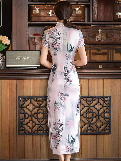 Vintage Printed Split-Side Short Sleeves Silk Long Cheongsams