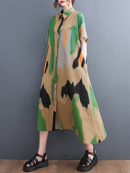 Artistic Retro Contrast Color Printed Midi Dress