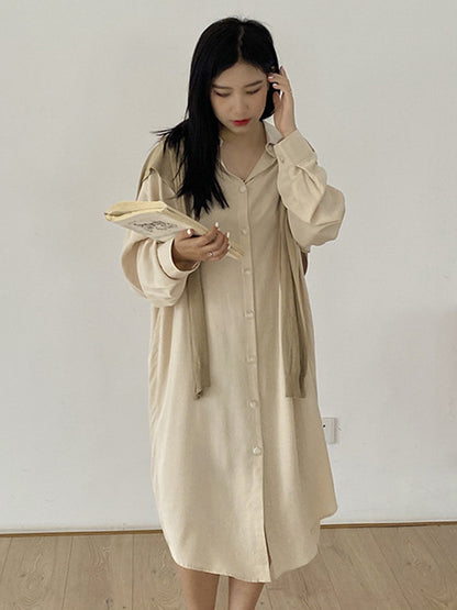 Simple Solid Color Buttoned Lapel Long Sleeves Shirt Dress
