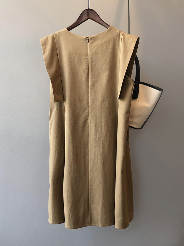 Casual Split-Joint Solid Color Round-Neck Sleeveless Mini Dress