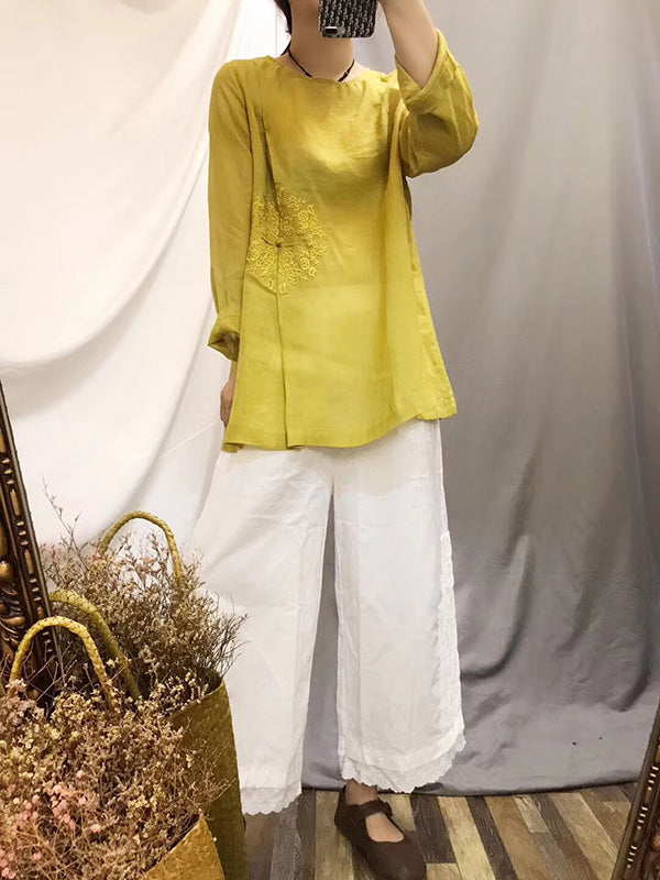 Vintage Ramie Cotton Embroidered Round-Neck T-Shirt Tops