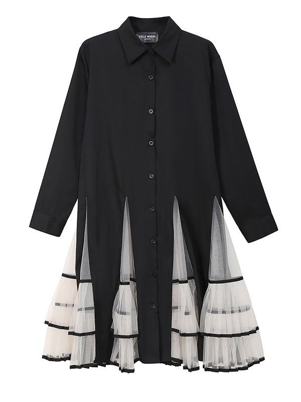 Loose Stitching Mesh Lapel Dress