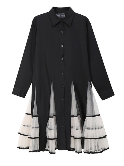 Loose Stitching Mesh Lapel Dress