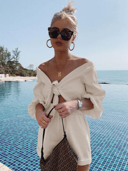 9 Colors Fashion Solid Color Blouse&Shorts Two Pieces Set