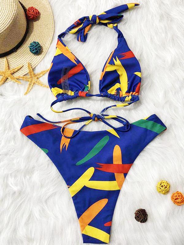 Abstract Printed Triangles Bandage Split Bikini Swimsuit