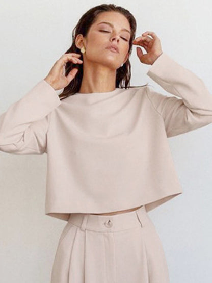 Casual Solid Color Round-Neck Long Sleeves T-Shirt+Wide Leg Pants 2 Pieces Set