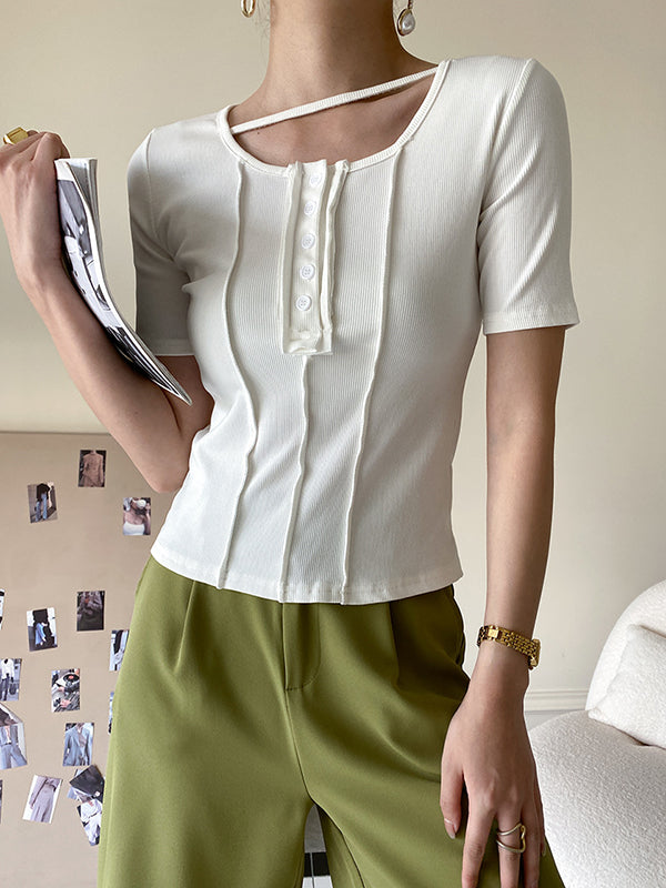 Original Stylish Solid Color Buttoned Skinny T-Shirt Top