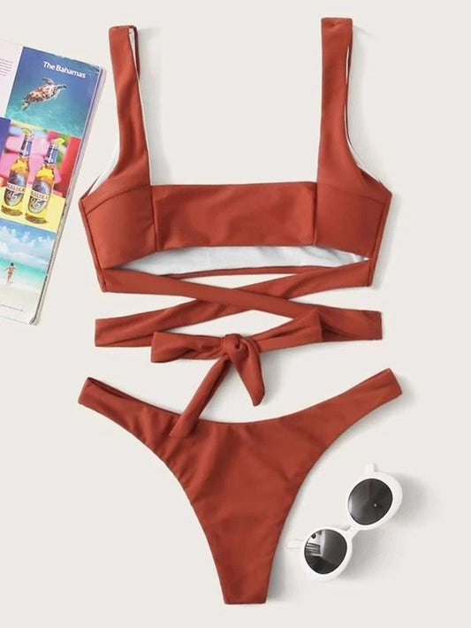 Solid Color Bandage Split Bikini Swimsuit