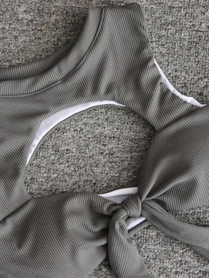 Solid Color Hollow Knotted Split Bikini Swimsuit