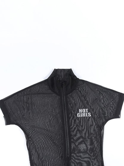 Printed Zipper See-through Mesh Rompers