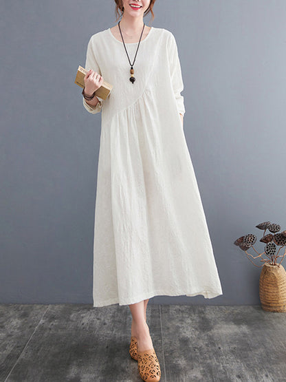 Casual Simple Solid Color Pleated Round-Neck Long Sleeves Midi Dress