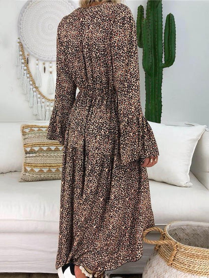V-neck Floral Printed Long Sleeve Maxi Dress