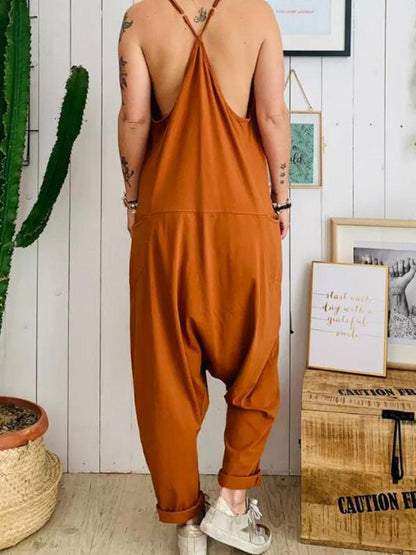 Plus Size Pocket Spaghetti-neck Jumpsuits Bottoms