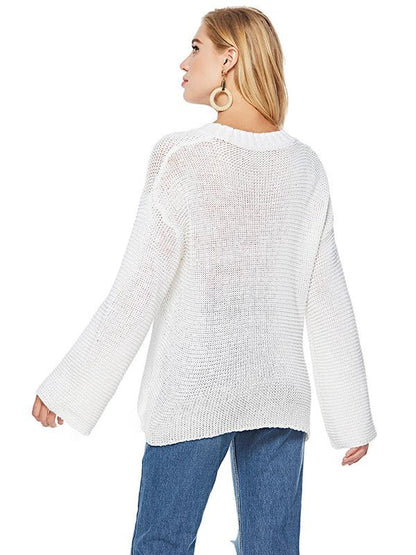 Sexy Long Sleeve  Solid Color V-Neck Sweater Tops