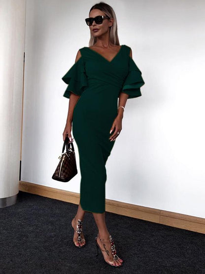Simple 3 Colors V-neck Midi Dress