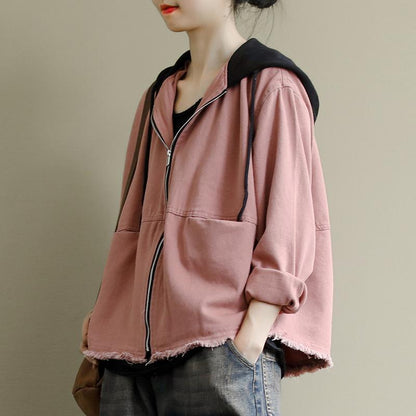 Buykud Natural Burr Hem Pure Color Hooded Coat