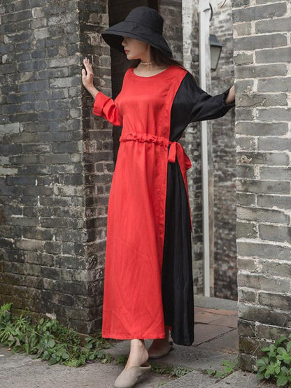 Color Blocking Tencel Linen Round-neck Long Dress