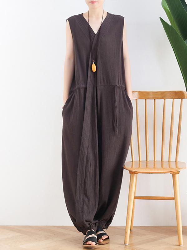 Original Solid Elasticity V-Meck Jumpsuits