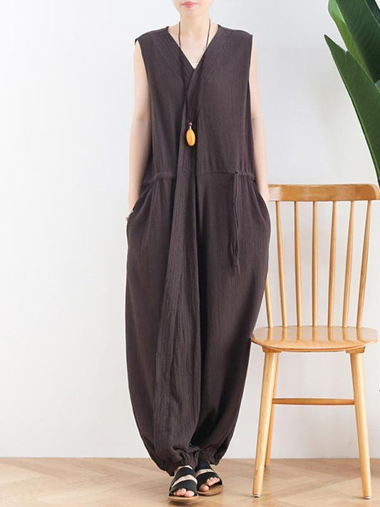 Original Solid Elasticity V-Meck Jumpsuits