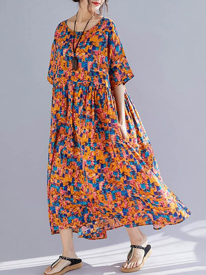 Plus Size Flower Print Round-neck Loose Long Dress