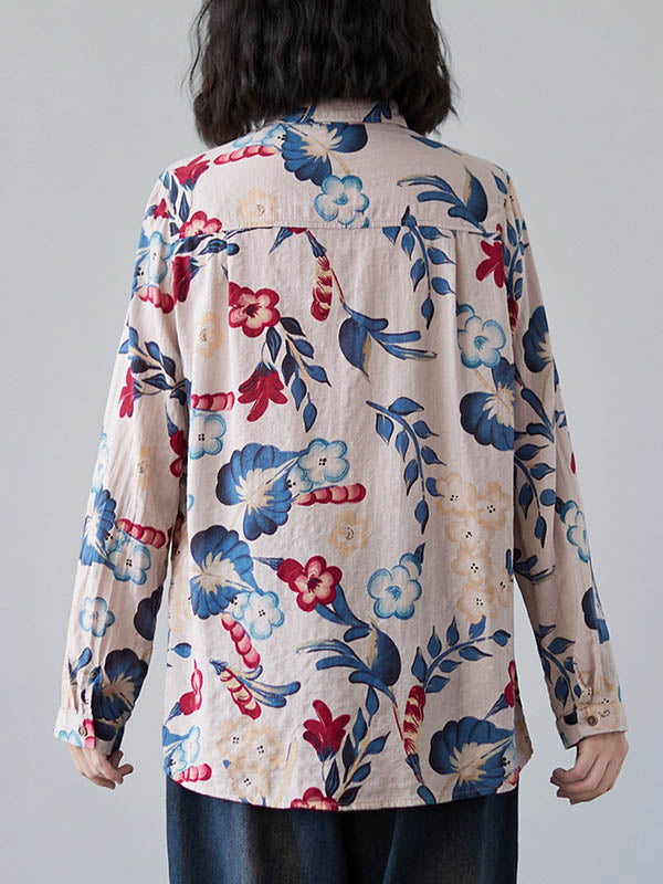 Artistic Retro Floral Printed Buttoned Lapel Collar Long Sleeves Blouse