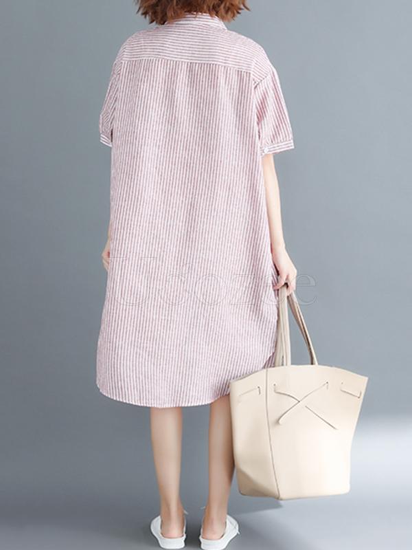 Loose Ramie Cotton Striped Shirt Dress