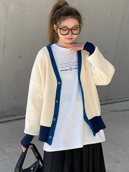 Causal Contrast Color Buttoned V-Neck Long Sleeves Cardigan Outwear