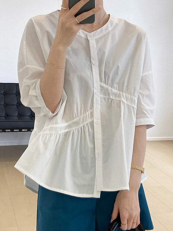 Stylish White&Blue Asymmetric High-Low Half Sleeves Blouses