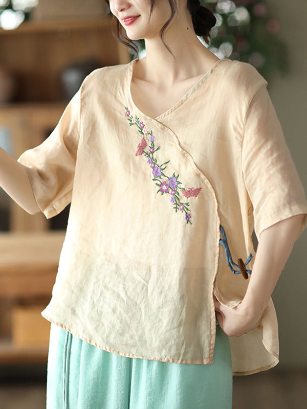 Vintage Artistic Retro Ramie Cotton Embroidered T-Shirt Top