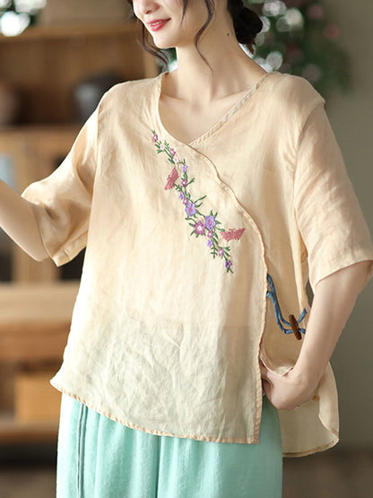 Vintage Artistic Retro Ramie Cotton Embroidered T-Shirt Top
