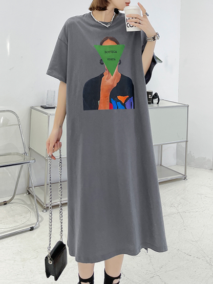 Casual Solid Color Printed Split-Side Short Sleeves H-Line Midi Dress
