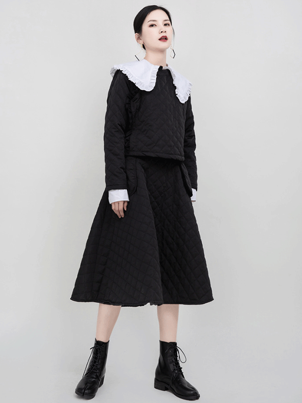 Original Black Asymmetric Rhombic Vintage Cotton-Padded Coat