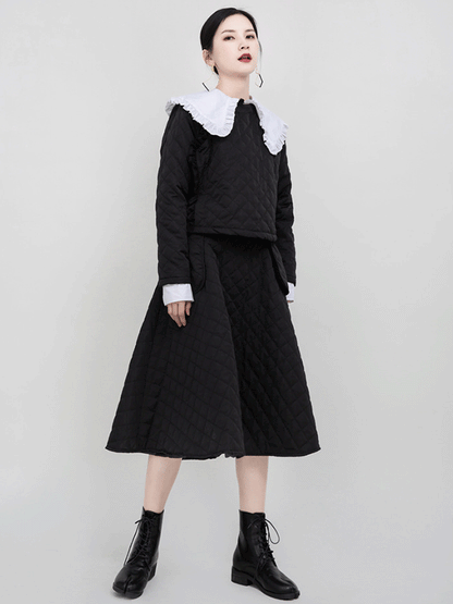 Original Black Asymmetric Rhombic Vintage Cotton-Padded Coat