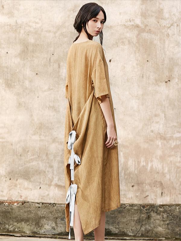 Ginger Yellow Raised Bands Bow-embellished Wide Sleeves Long Dress