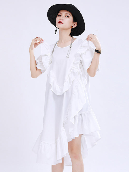 Original Irregular Solid Color Split-Joint Falbala Round-Neck Short Sleeves Midi Dress