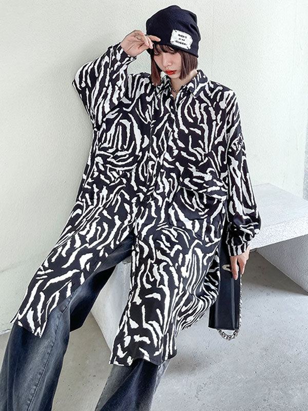 Stylish Printed Buttoned Batwing Sleeve Lapel Blouse Tops