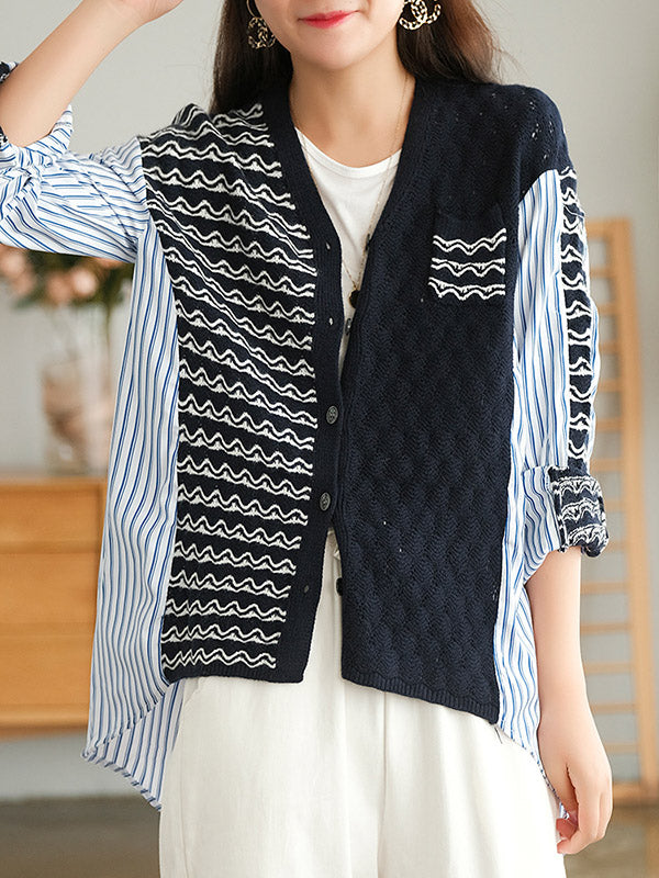 Original Asymmetric Buttoned Split-Joint Hollow V-Neck Long Sleeves Cardigans