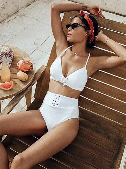 High Waisted Ribbed Lattice Strappy Bikini Swimsuit