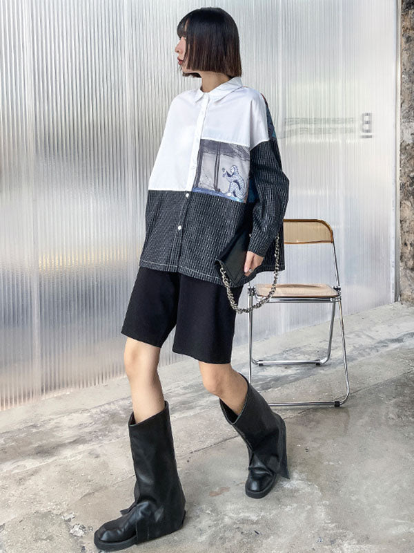 Stylish Cartoon Printed Plaid Split-Joint Lapel Collar Long Sleeves Blouse