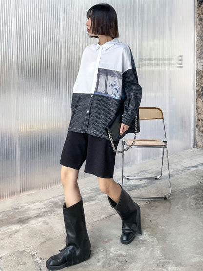 Stylish Cartoon Printed Plaid Split-Joint Lapel Collar Long Sleeves Blouse
