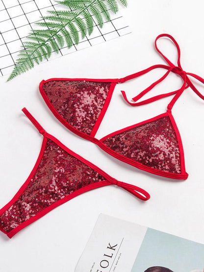 Sequined Lace Up Bikini Swimsuit