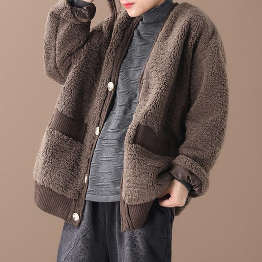 Buykud Retro Pure Color Single Breasted V-neck Coat