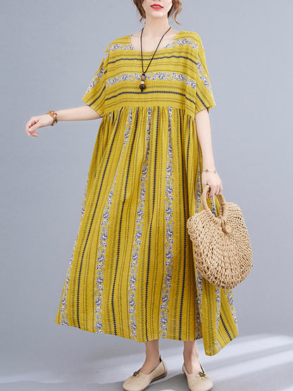 Vintage Striped Printed Round-Neck Short Sleeves Midi Dress