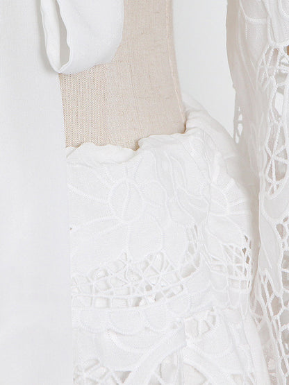 Fashion Solid Color Backless Hollow Lace V-Neck Bishop Sleeve Mini Dress